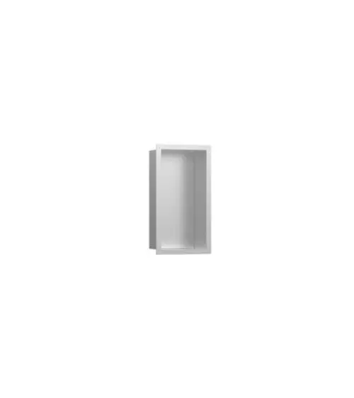 Wandnische aus Edelstahl im gebürsteten Finish, hergestellt von Hansgrohe. Rechteckige Form mit einem offenen Innenraum, geeignet für Wandmontage.